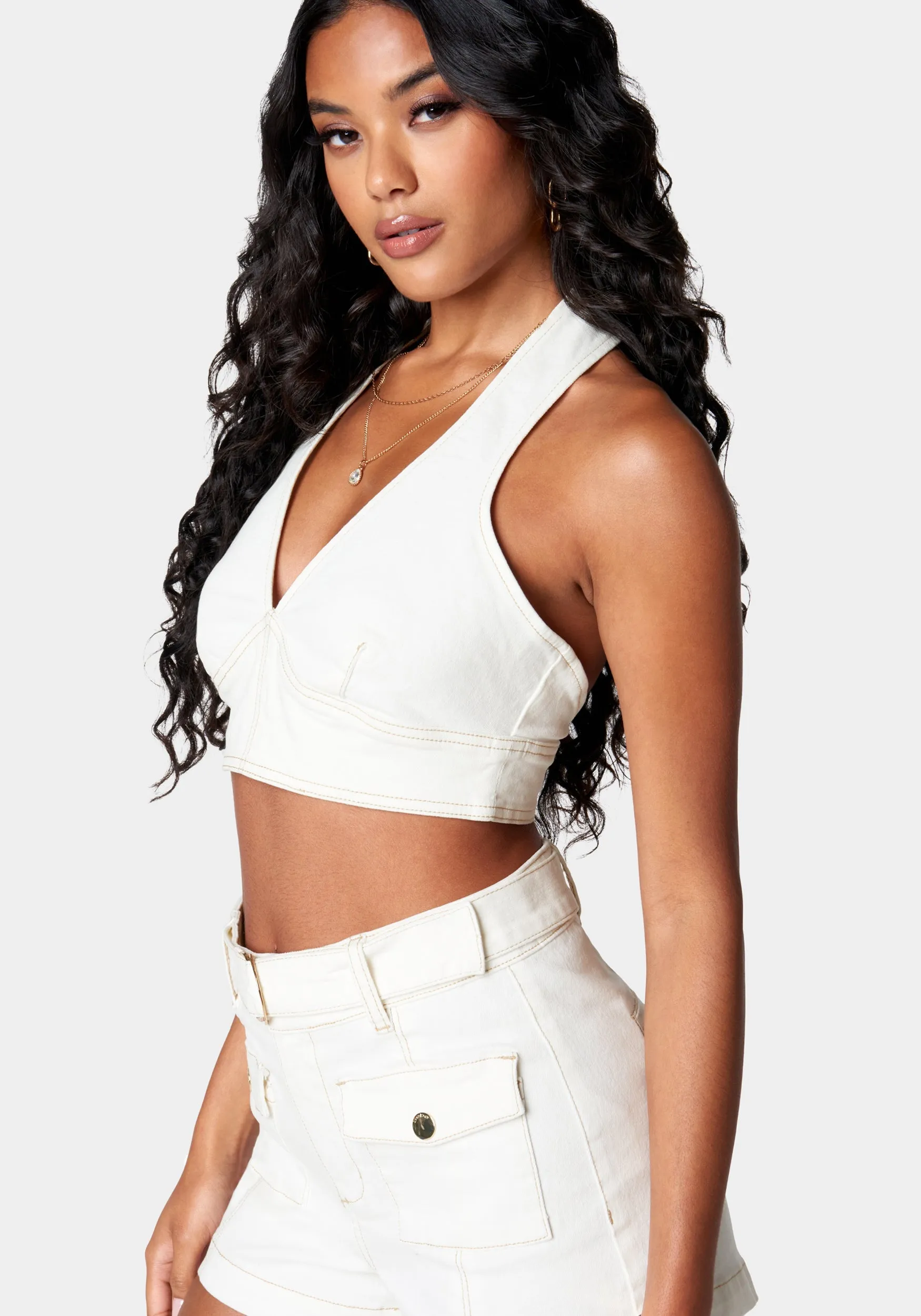 Deep V Neck Cropped Halter Denim Top sold by Bebe product image thumbnail 2