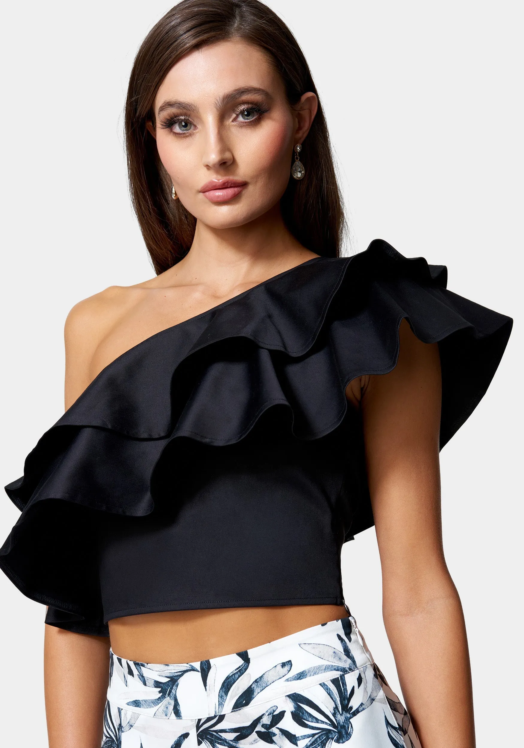 Poplin One Shoulder Ruffle Neck Top sold by Bebe product image thumbnail 4