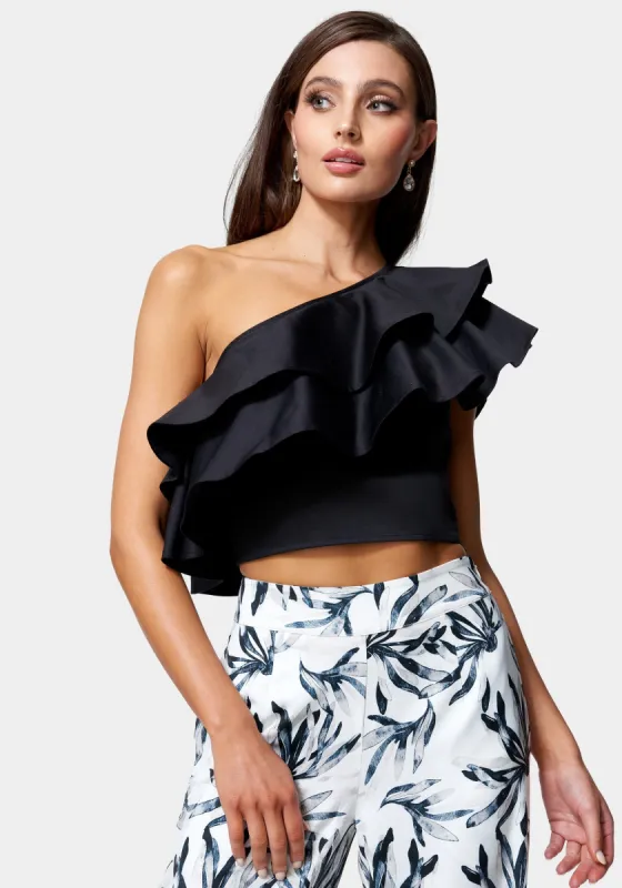 Poplin One Shoulder Ruffle Neck Top sold by Bebe