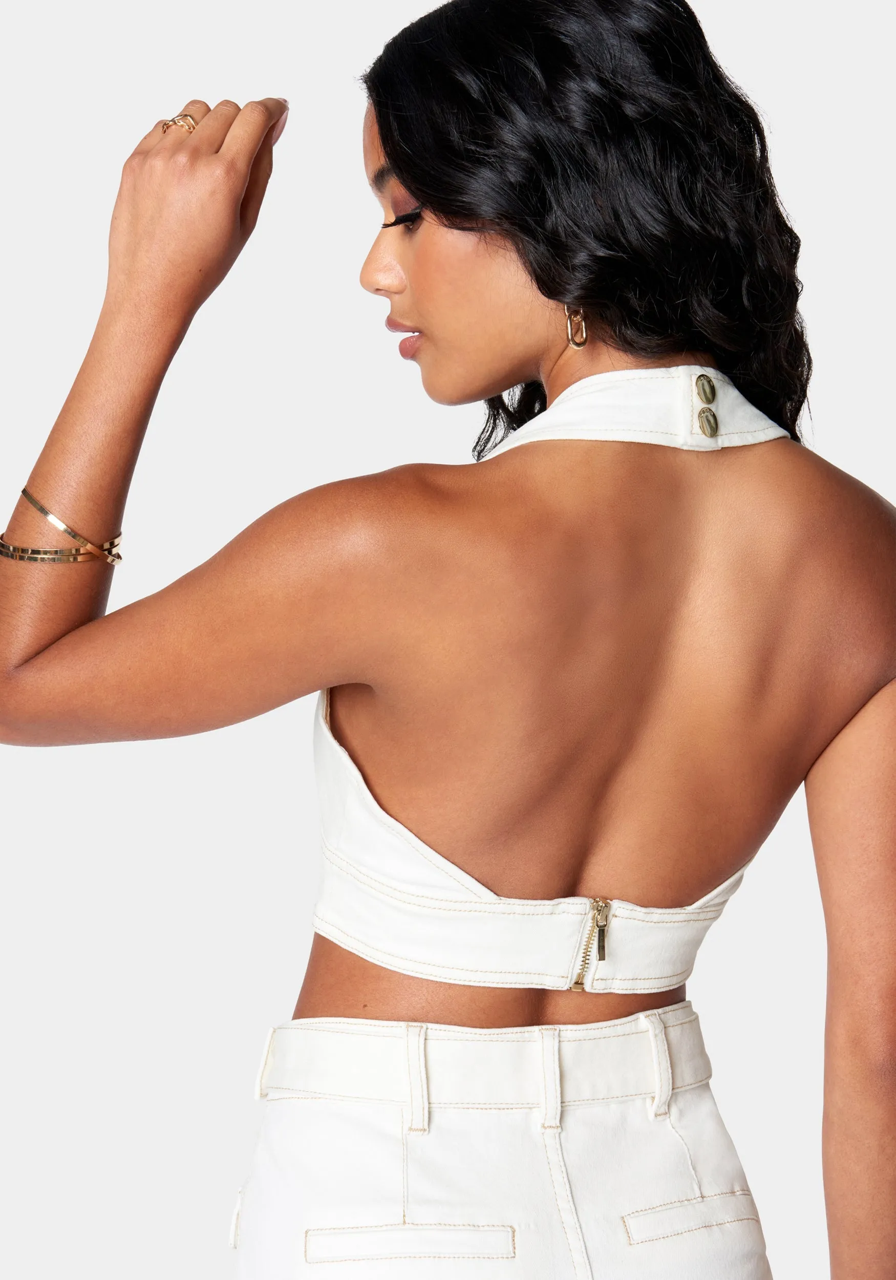 Deep V Neck Cropped Halter Denim Top sold by Bebe product image thumbnail 3