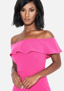 Ruffle Off Shoulder Romper sold by Bebe