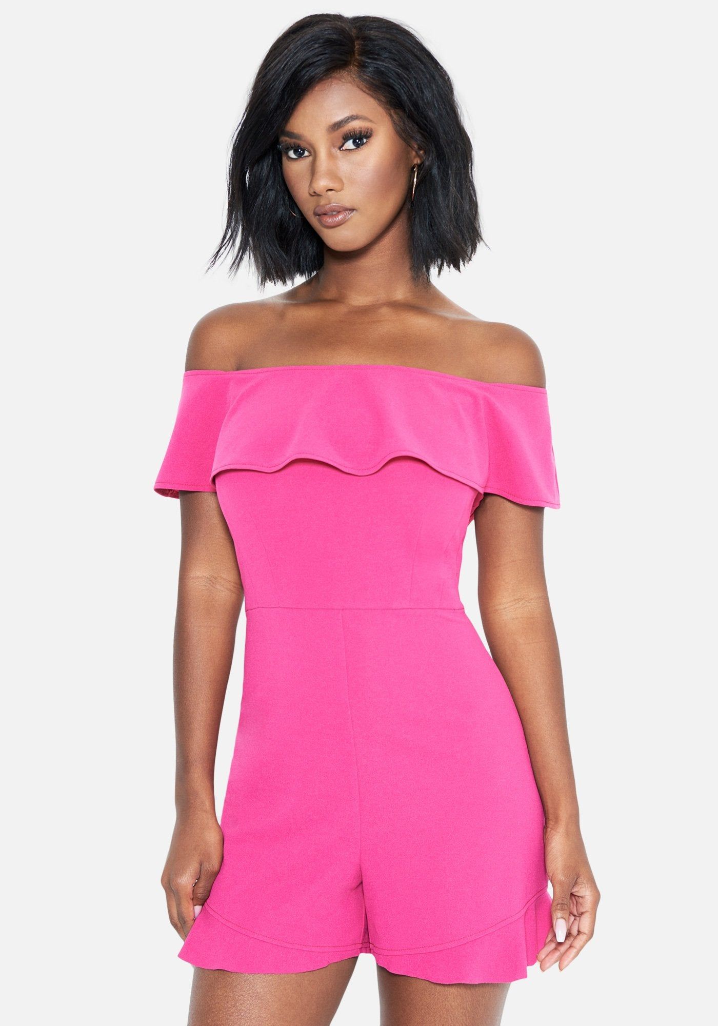 Ruffle Off Shoulder Romper sold by Bebe