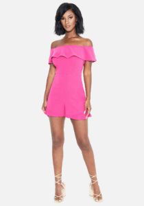 Ruffle Off Shoulder Romper sold by Bebe