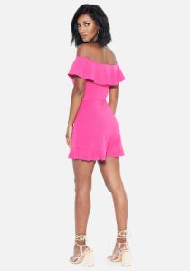 Ruffle Off Shoulder Romper sold by Bebe