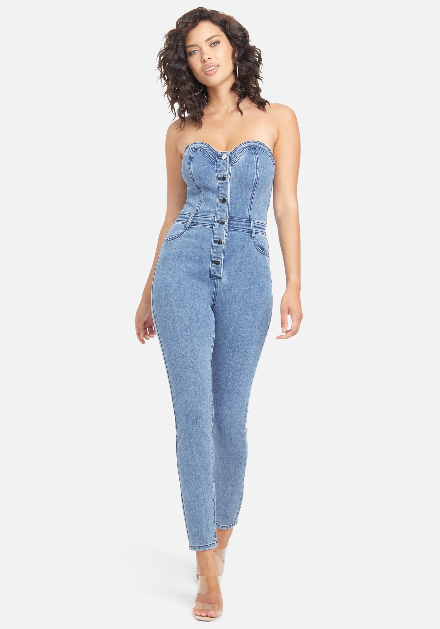 Sweetheart Denim Skinny Jumpsuit sold by Bebe