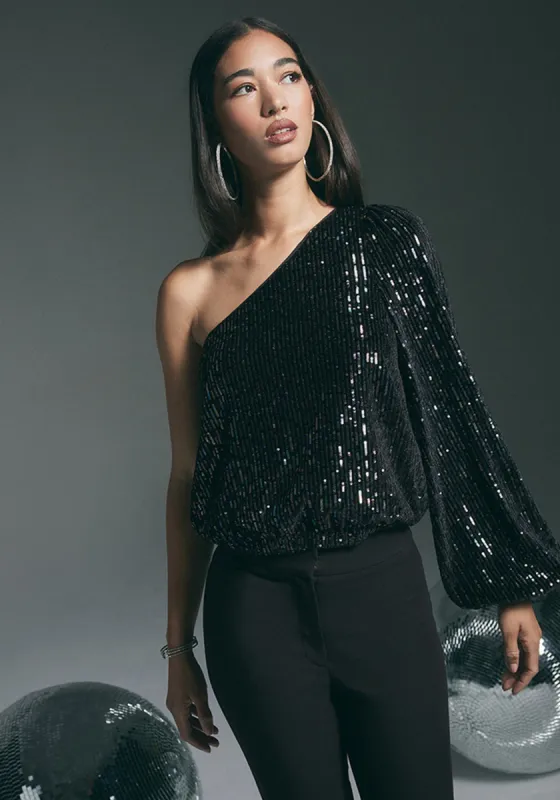 One Shoulder Multi Color Balloon Sleeve Blouse sold by Bebe