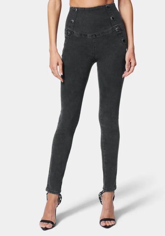 High Waisted Button Detail Skinny Jeans sold by Bebe