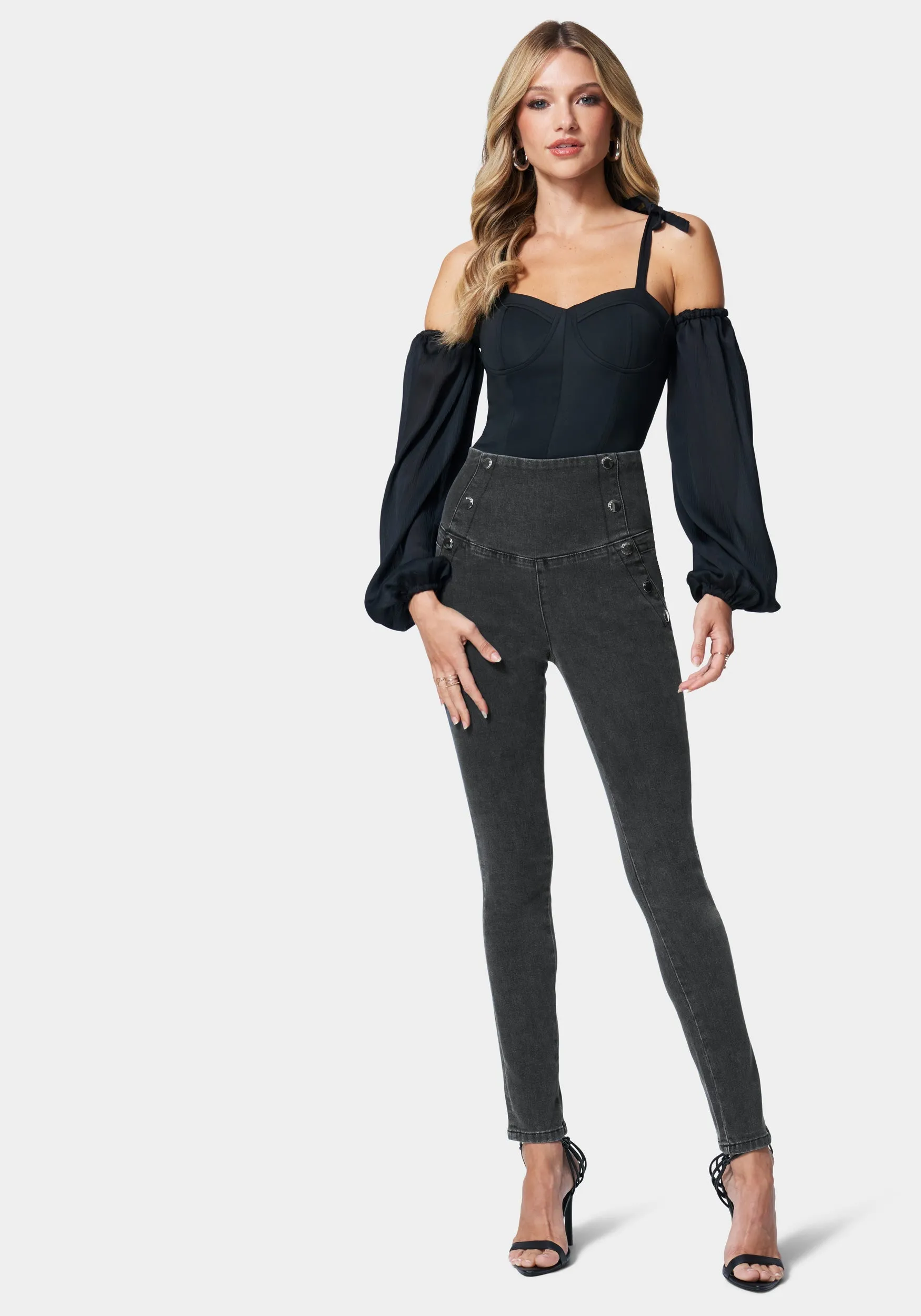 High Waisted Button Detail Skinny Jeans sold by Bebe product image thumbnail 3