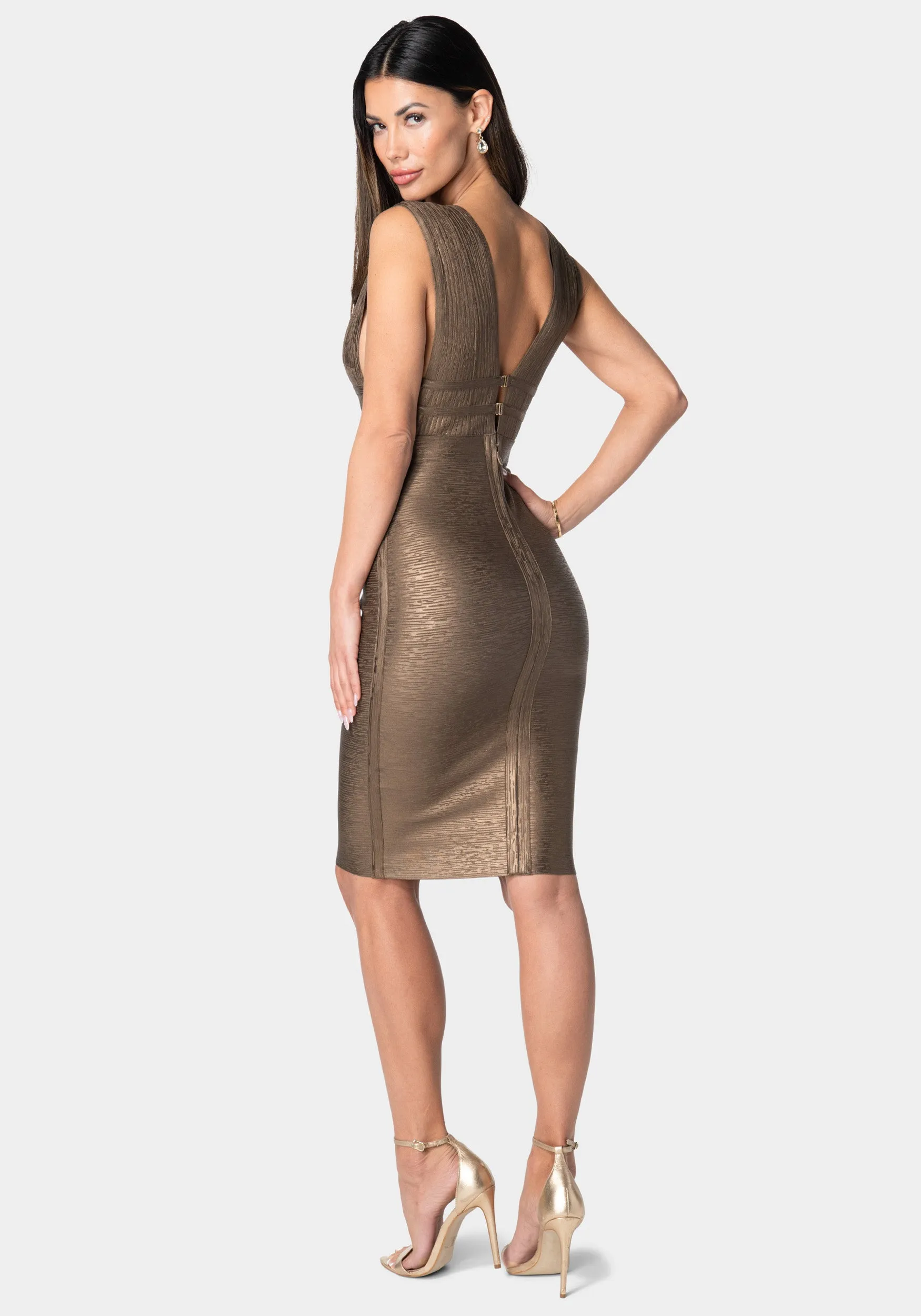 Foiled Bandage Plunge Neck Midi Dress sold by Bebe product image thumbnail 3