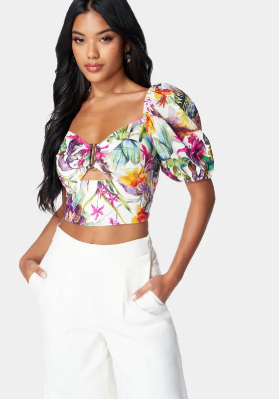 Puff Sleeve Front Keyhole Woven Top sold by Bebe