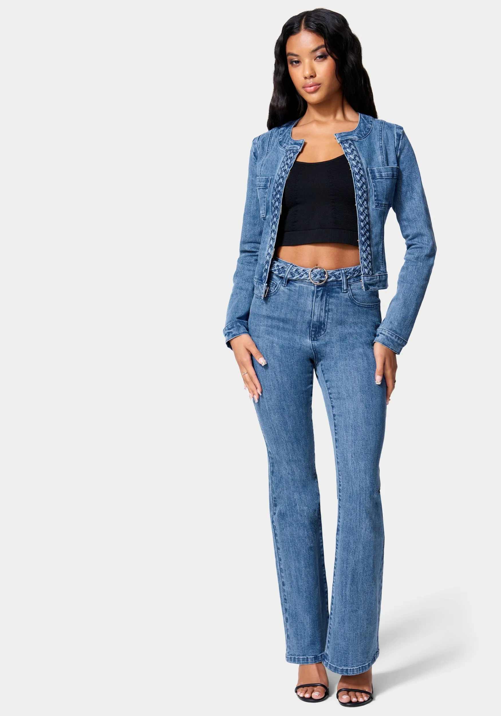 Braided Belt Flared Denim Jean sold by Bebe