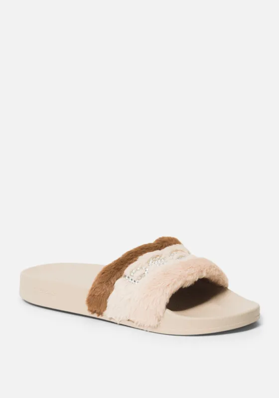 Fantasia Faux Fur Slides sold by Bebe