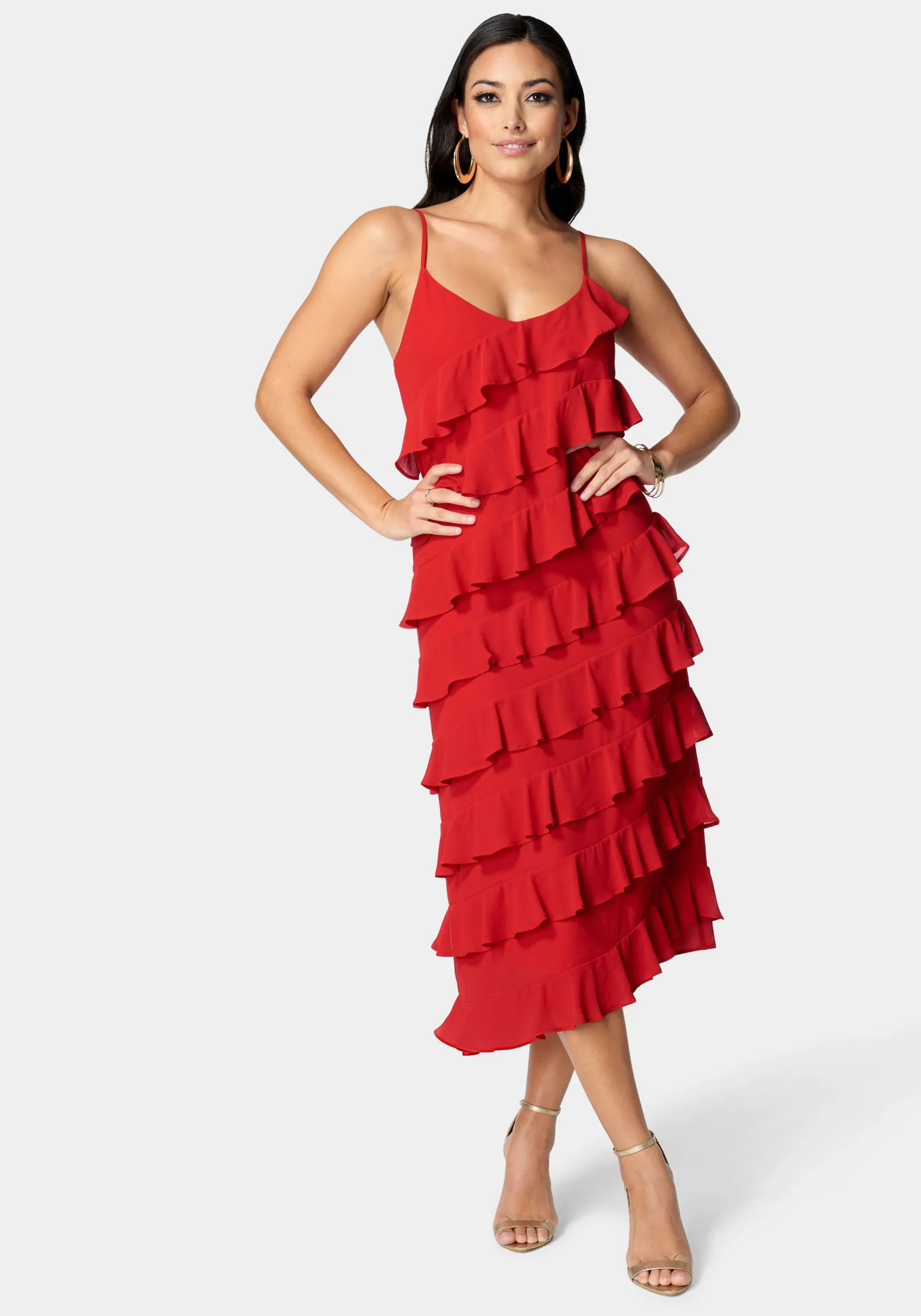 Ruffle Side Slit Maxi Dress sold by Bebe
