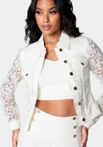 Crochet Detail Fitted Denim Jacket sold by Bebe