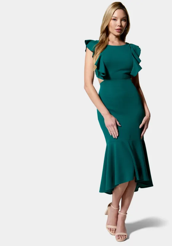 Open Back Ruffle Midi Dress sold by Bebe