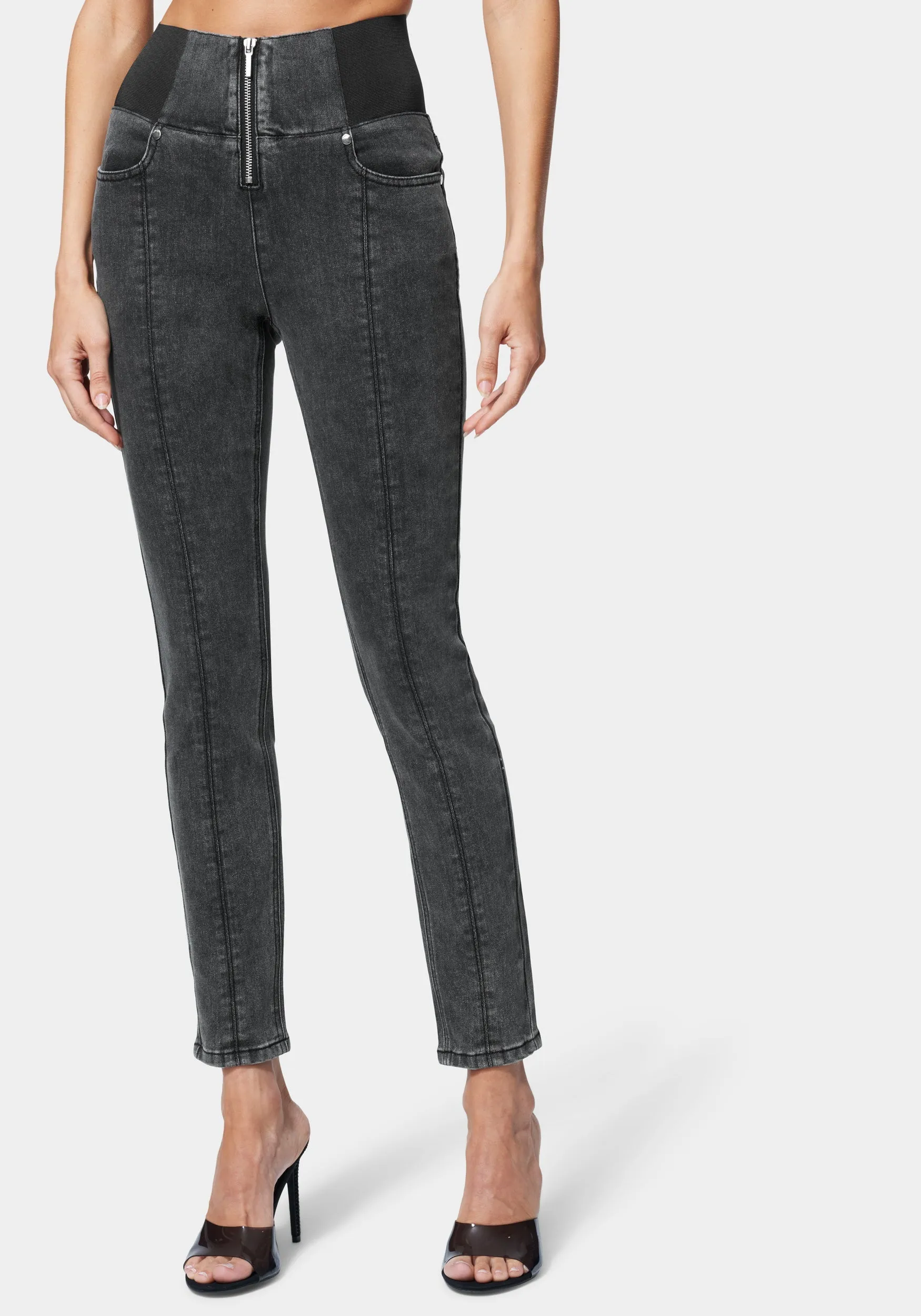 Zip Front Elastic Skinny Jean sold by Bebe
