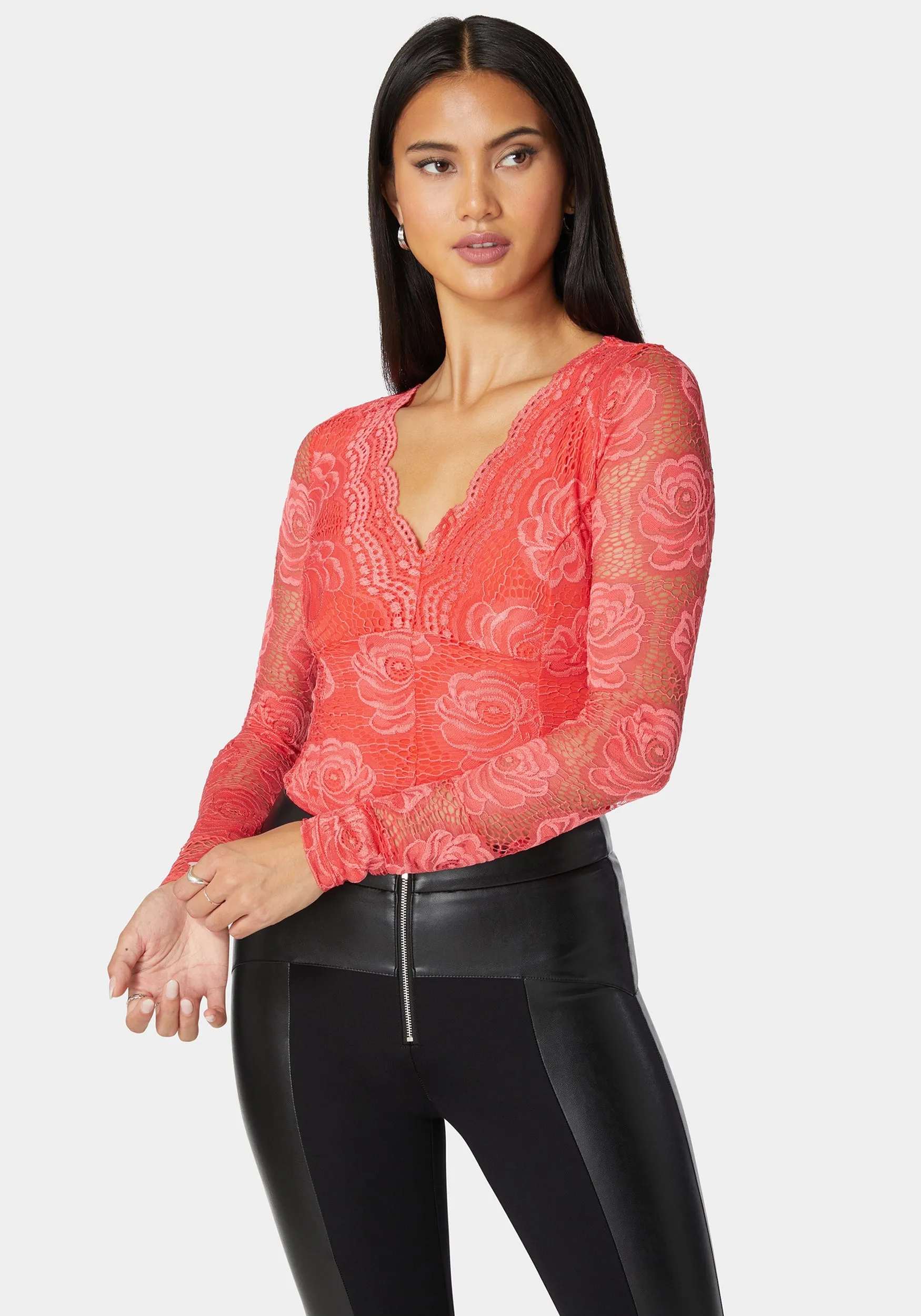 Scallop Edge Long Sleeve Lace Bodysuit sold by Bebe