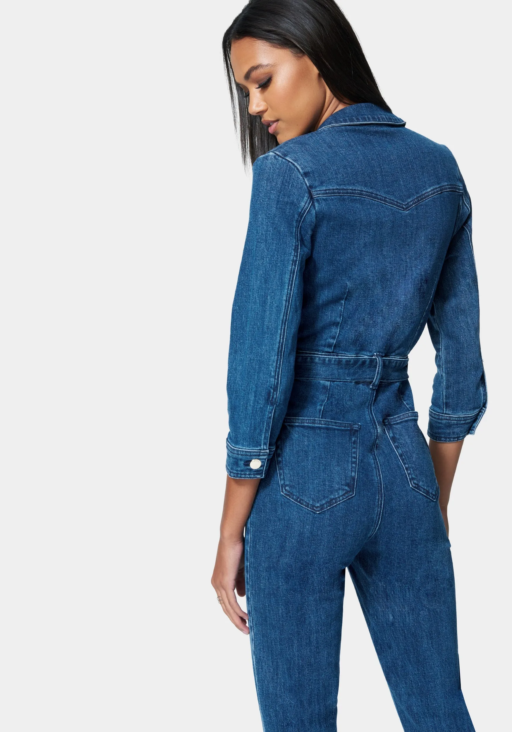 Zip Front Belted Skinny Leg Denim Jumpsuit sold by Bebe product image thumbnail 3