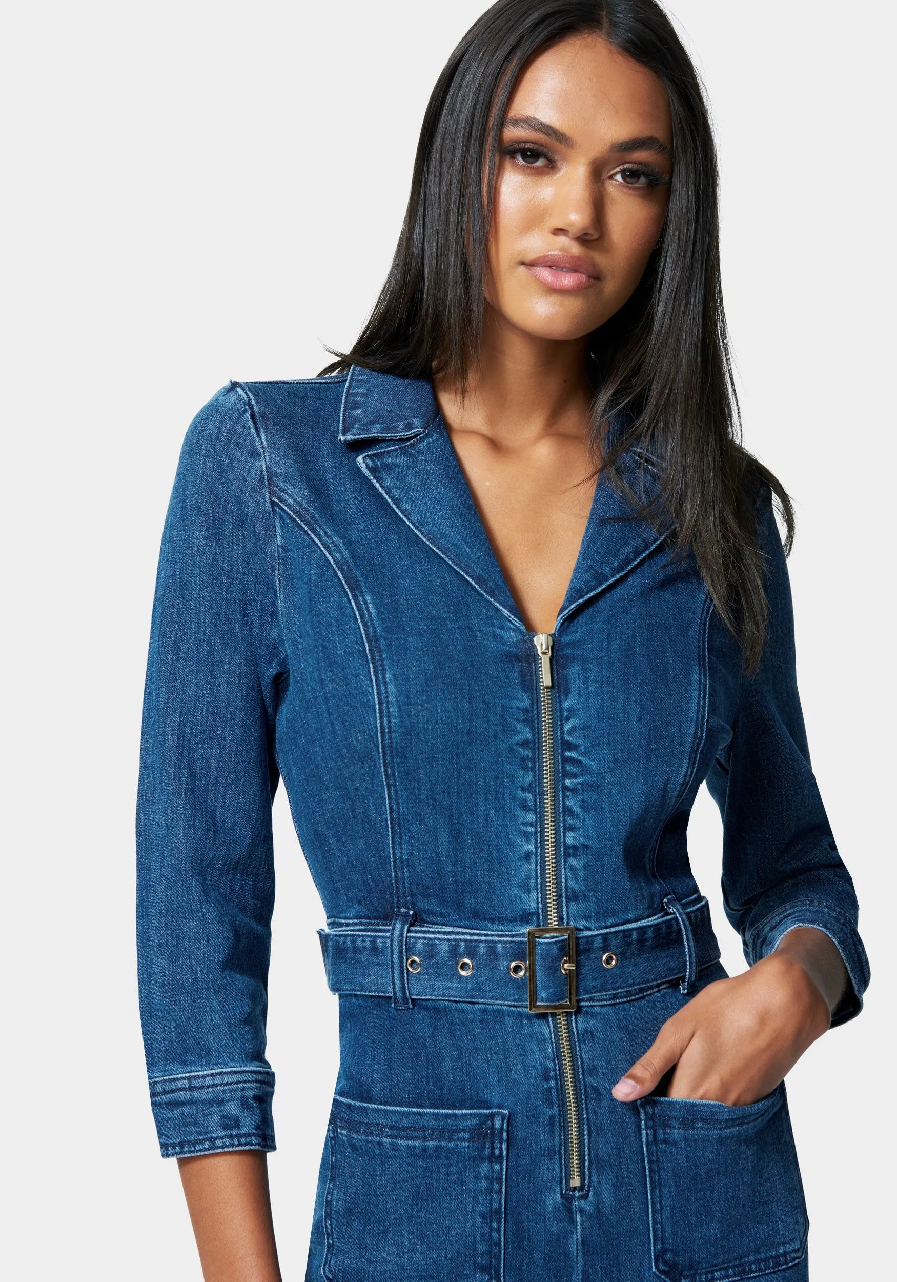 Zip Front Belted Skinny Leg Denim Jumpsuit sold by Bebe product image thumbnail 4