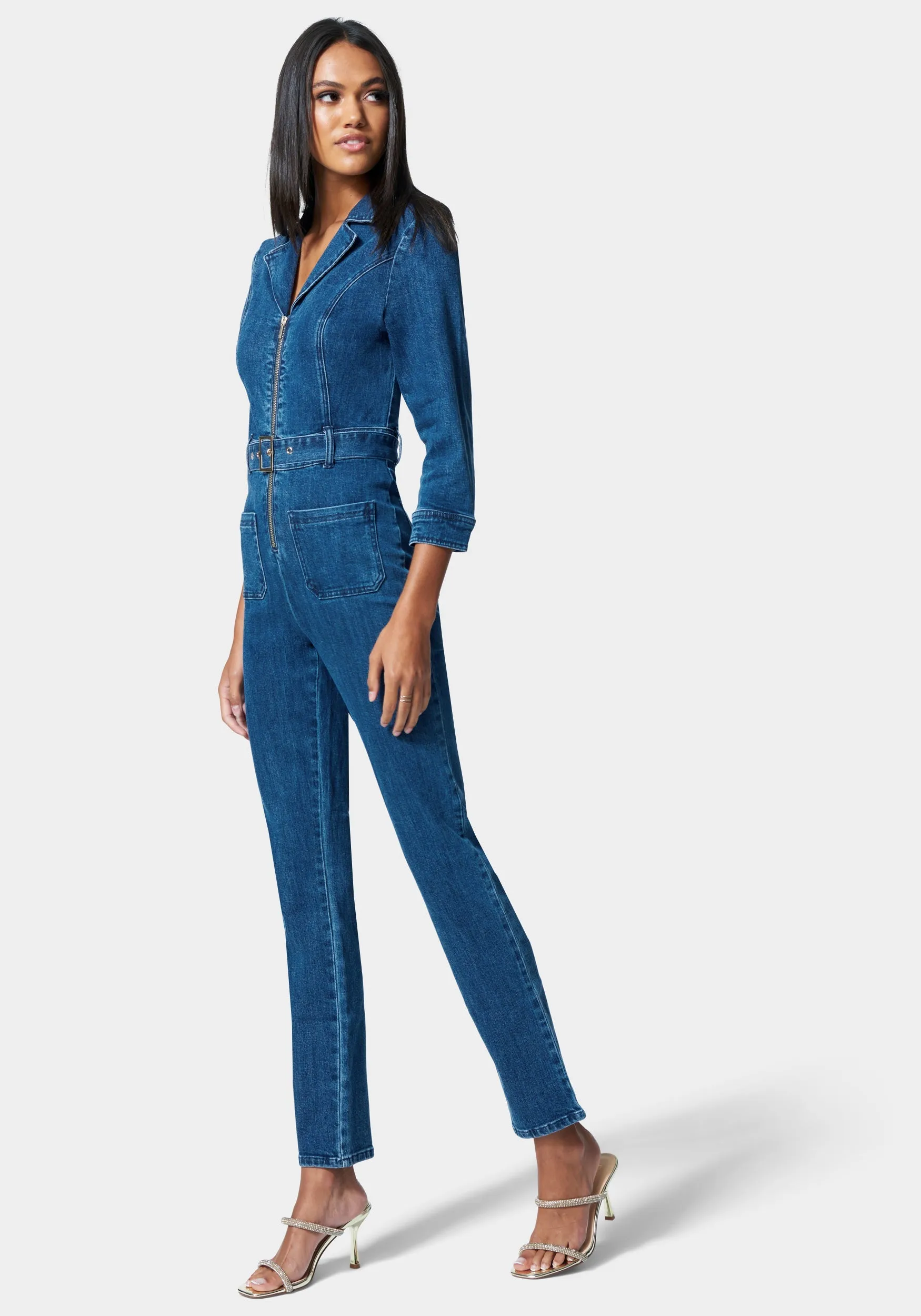 Zip Front Belted Skinny Leg Denim Jumpsuit sold by Bebe product image thumbnail 2