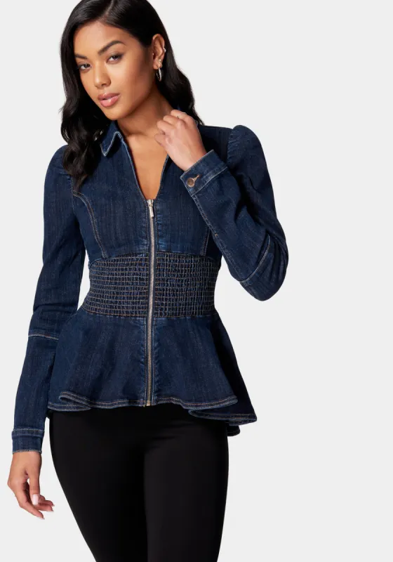 Smocked Waist Front Zip Denim Jacket sold by Bebe