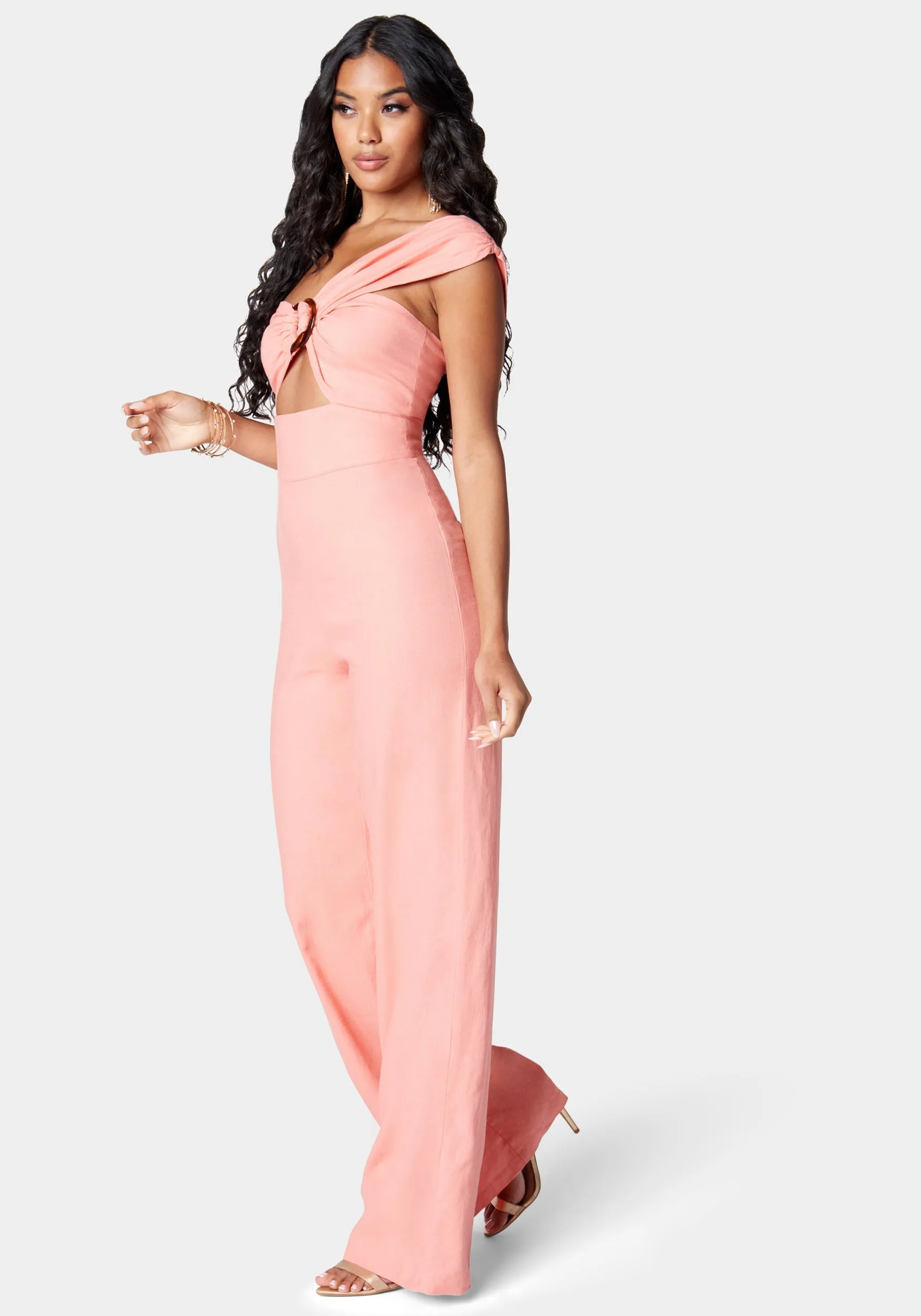 Stretch Linen Asymmetric Draped Wide Leg Jumpsuit sold by Bebe product image thumbnail 3