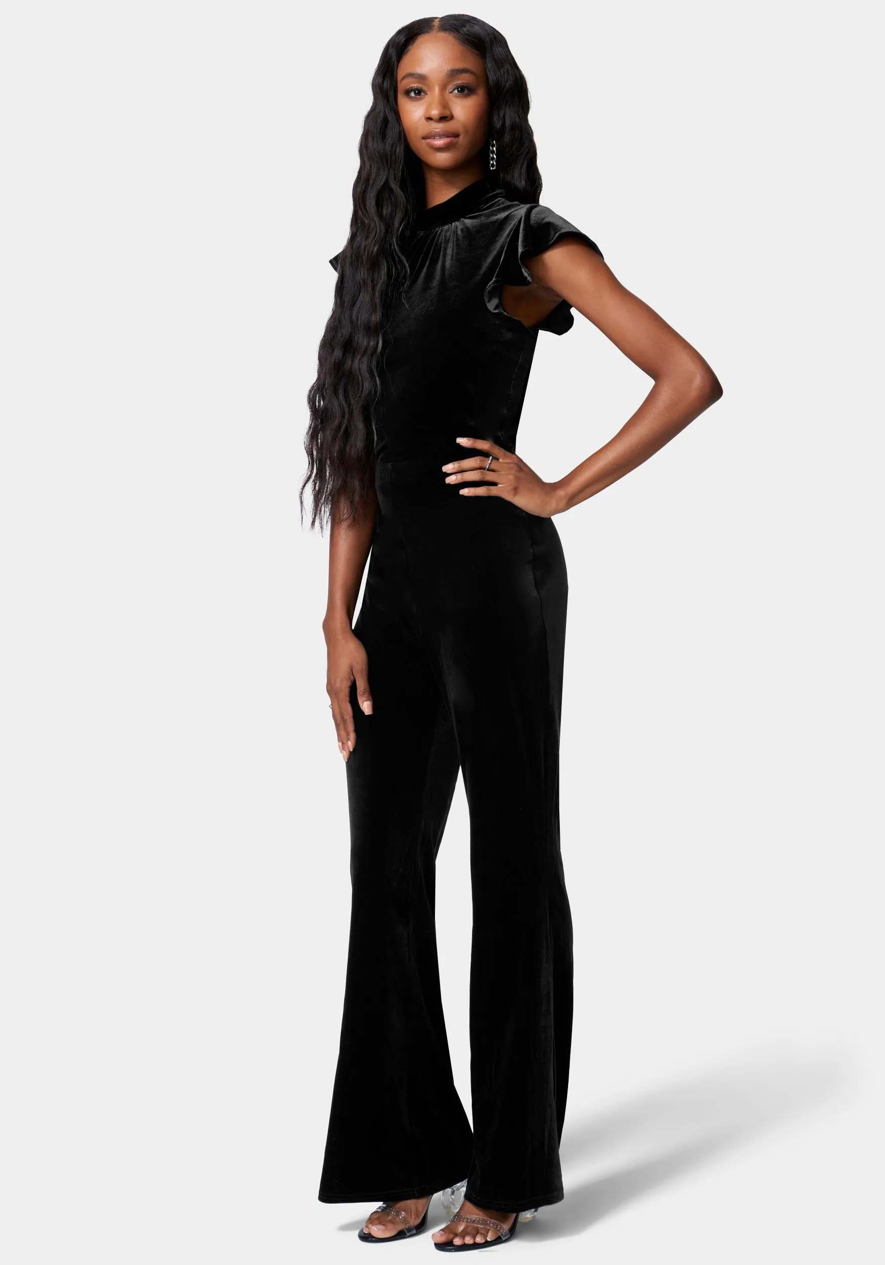Ruffle Sleeve Flare Leg Velvet Jumpsuit sold by Bebe product image thumbnail 2