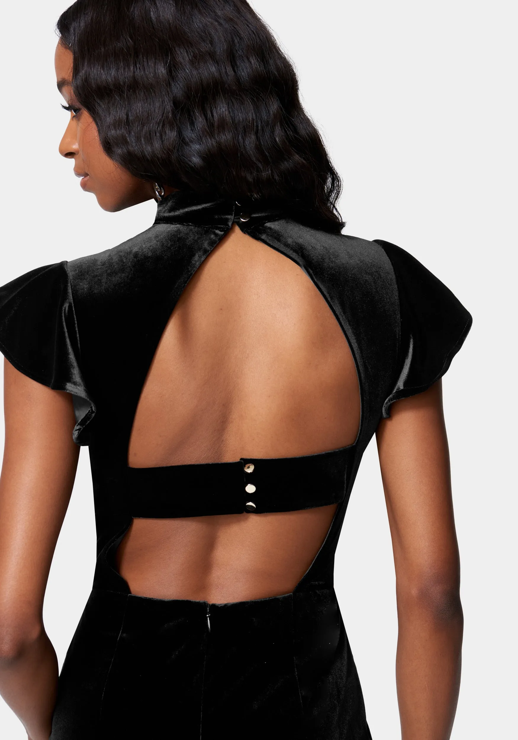 Ruffle Sleeve Flare Leg Velvet Jumpsuit sold by Bebe product image thumbnail 4