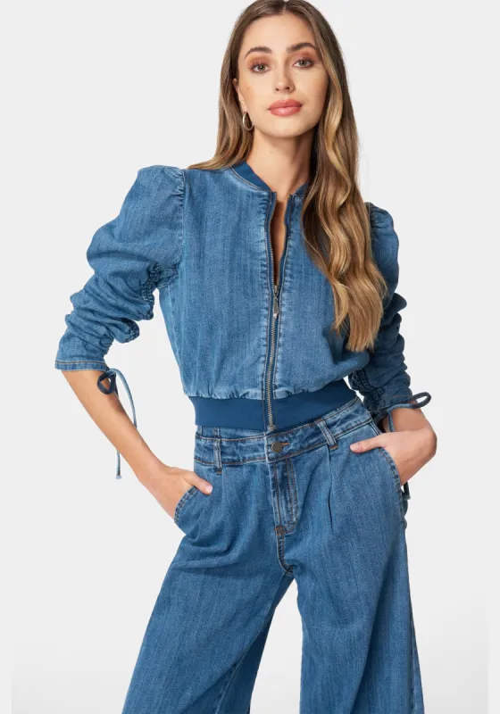 Zip Front Ruched Sleeves Denim Jacket sold by Bebe