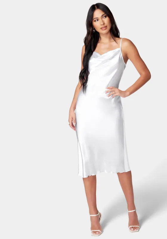 Satin Cowl Neck Slip Midi Dress sold by Bebe