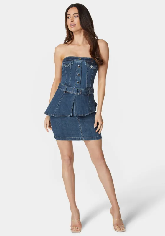 Belted Peplum Denim Dress sold by Bebe