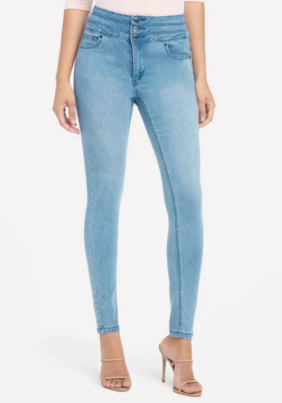 High Waisted Button Front Skinny Jeans sold by Bebe