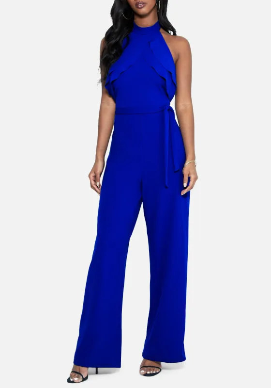 Double Ruffle Halter Jumpsuit sold by Bebe