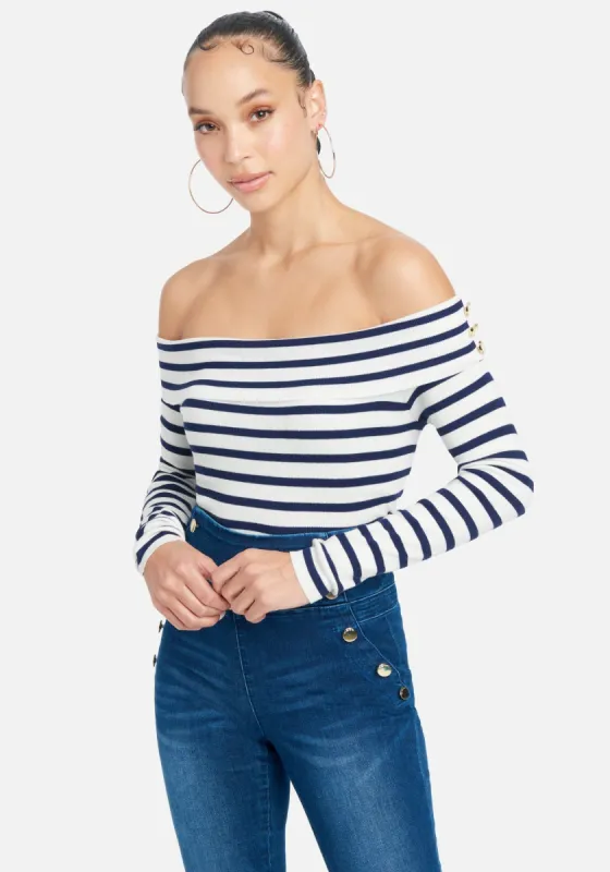 Stripe Off The Shoulder Sweater Top sold by Bebe