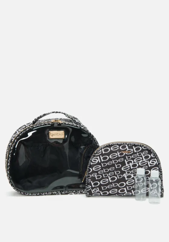 Black and Silver Bebe Logo Cosmetic Bag sold by Bebe