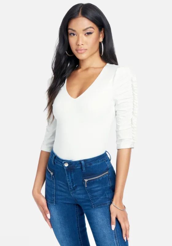 V-Neck Ruffle Trim Sleeve Top sold by Bebe