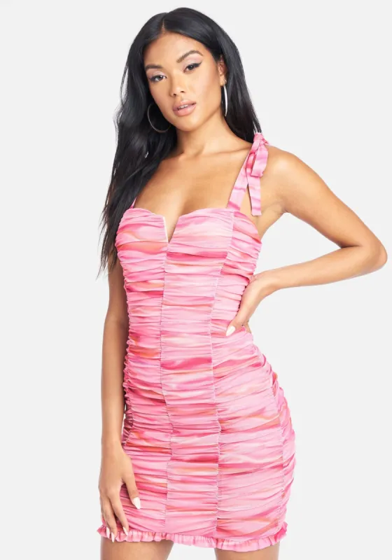 Sweetheart Neck Ruched Printed Dress sold by Bebe