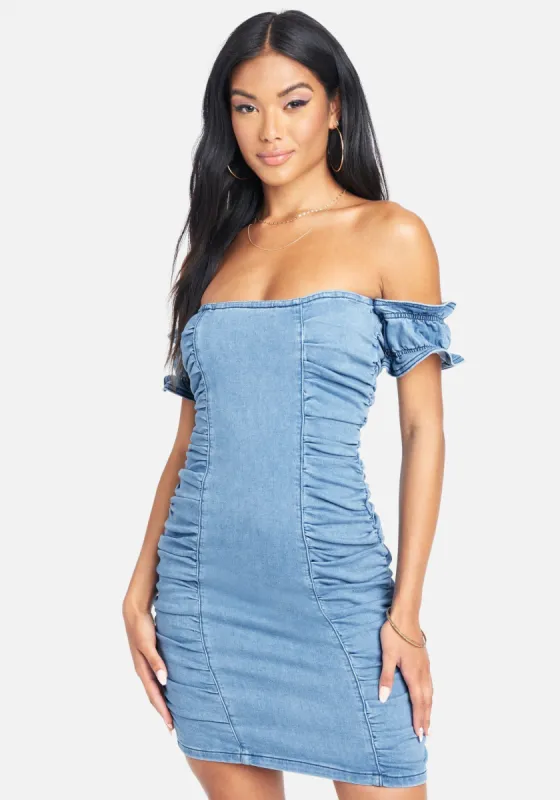 Off The Shoulder Ruched Jean Dress sold by Bebe