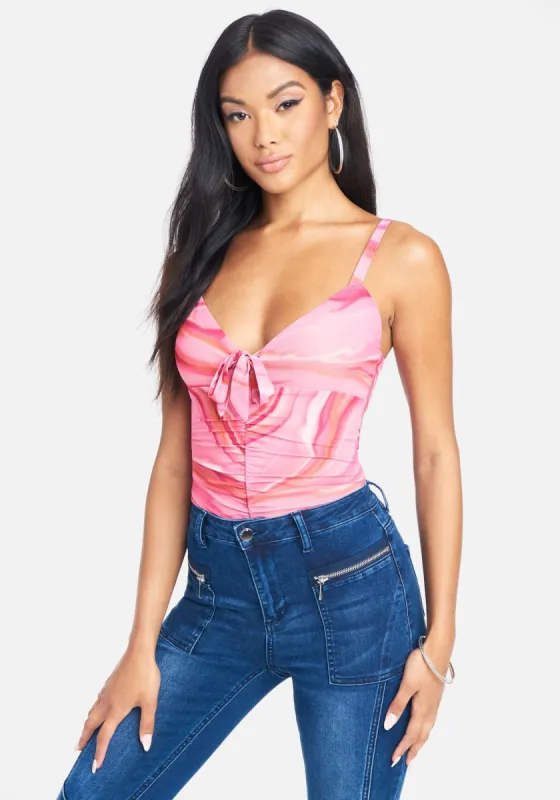 Printed Mesh Ruched Bodysuit sold by Bebe