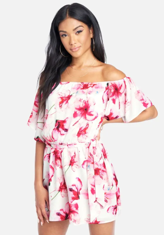 Off The Shoulder Floral Print Romper sold by Bebe