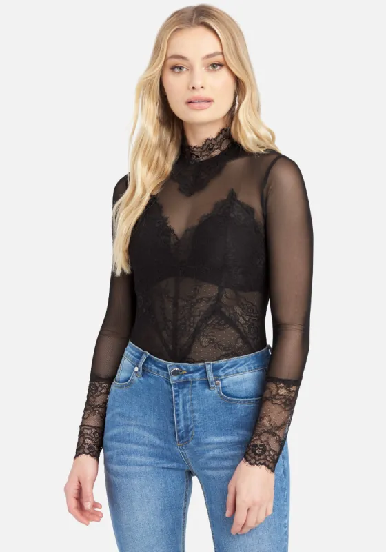 Mock Neck Mesh and Lace Bodysuit sold by Bebe