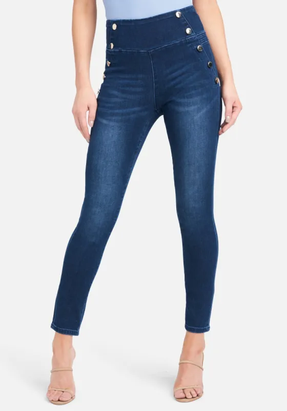 High Waisted Button Detail Skinny Jeans sold by Bebe