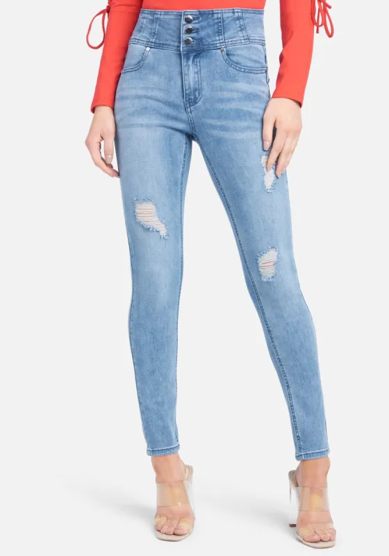 Exposed Button High Waist Skinny Jeans sold by Bebe