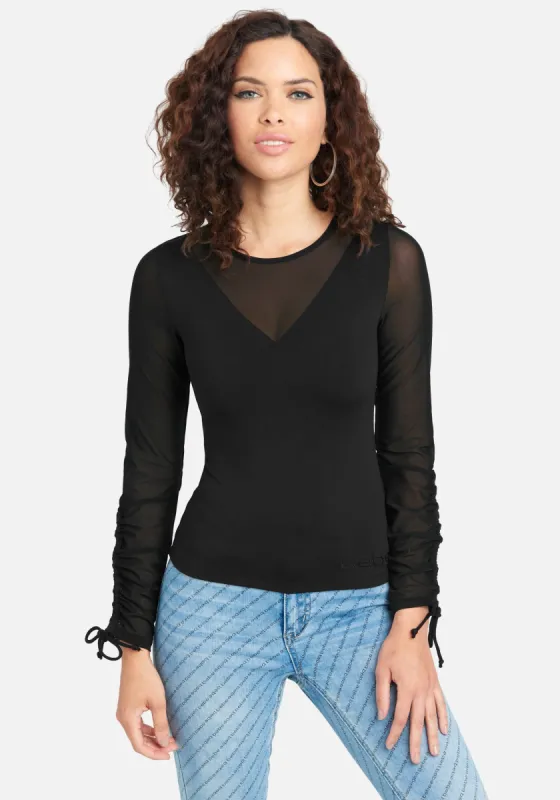 Bebe Logo Mesh Ruched Sleeve Top sold by Bebe
