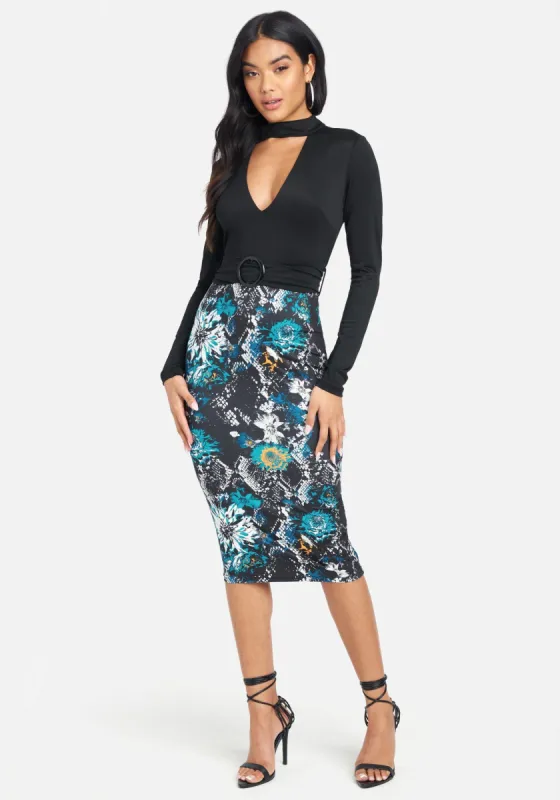 Print Belted Midi Dress sold by Bebe