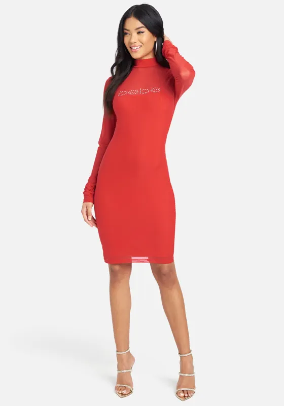 Mesh Mock Neck Logo Dress sold by Bebe