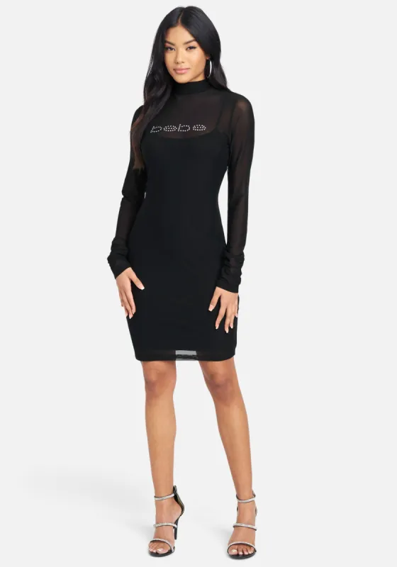 Mesh Mock Neck Logo Dress sold by Bebe