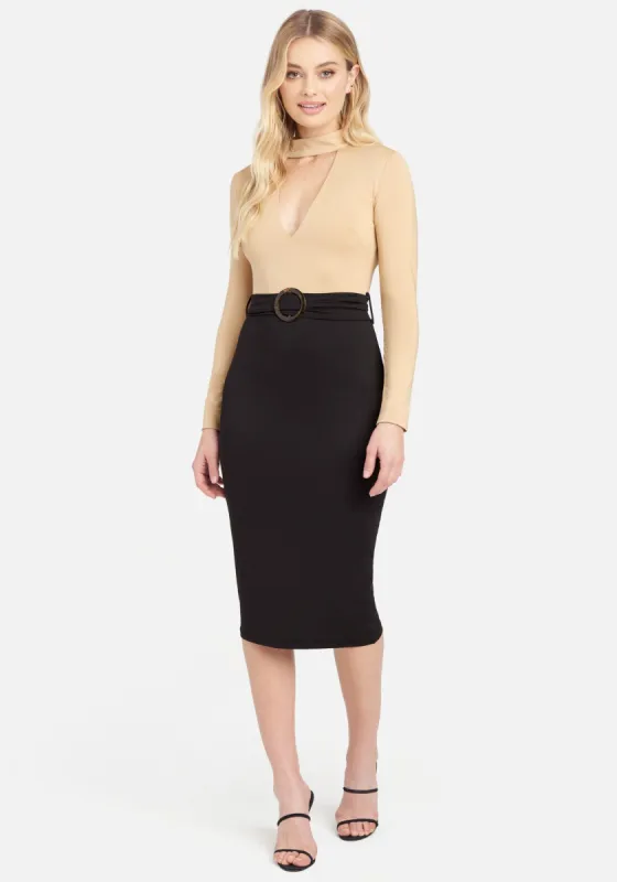 Color Block Belted Midi Dress sold by Bebe