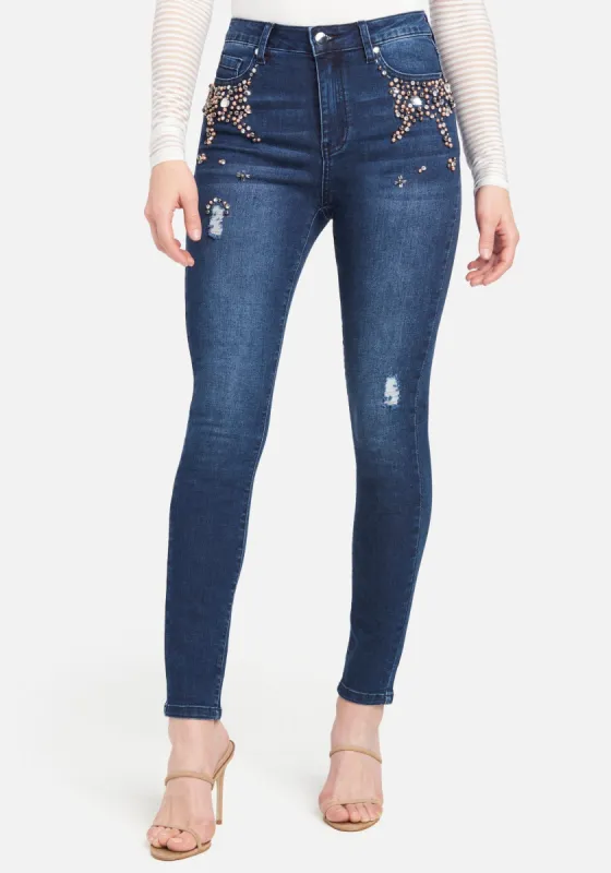 Pearl And Rhinestone Skinny Jeans sold by Bebe