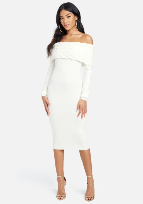 Off Shoulder Cable Knit Dress sold by Bebe